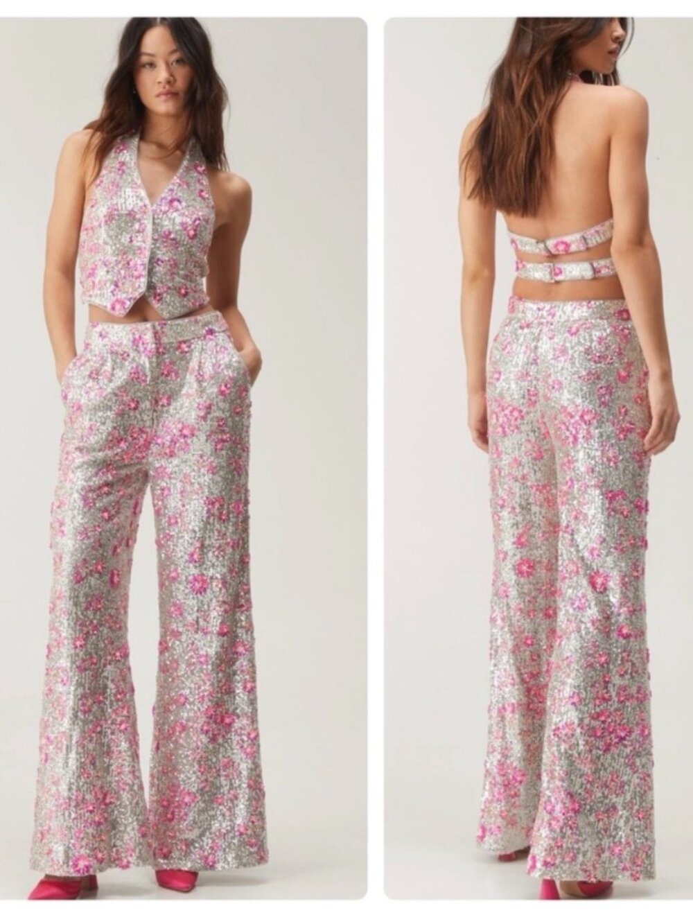 Nasty Gal Festival Rave Pink Silver Floral Sequin Pearl Embellished Pants Size 4